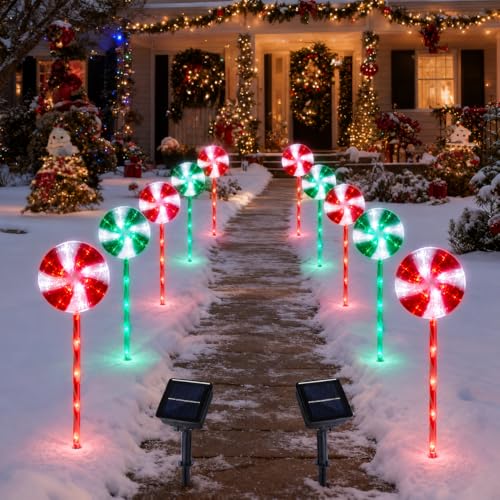 BRIGHTDECK 10 Pack Solar Christmas Pathway Lights, RedGreen Lollipop Stakes - color: RedGreen, size: 10Pack