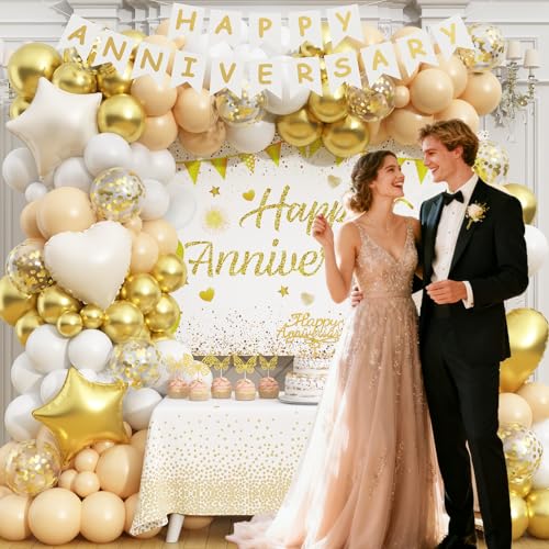 Happy Anniversary Decorations, 89pcs Wedding & Work Anniversary Party Decorations for Women Men, 50th 60th 30th 20th, Backdrop, Banner, Tablecloth, Foil & Latex Balloons, Cake Topper