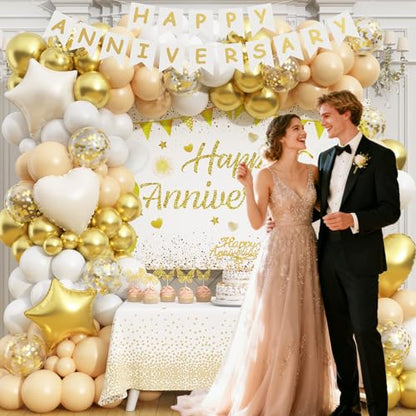 Happy Anniversary Decorations, 89pcs Wedding & Work Anniversary Party Decorations for Women Men, 50th 60th 30th 20th, Backdrop, Banner, Tablecloth, Foil & Latex Balloons, Cake Topper