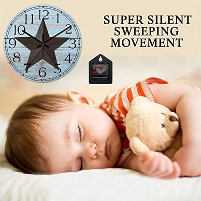 Round Farmhouse Wall Clock Western Texas Star Retro Style Wood Clock Quiet Non-ticking Battery Operated with Large Numbers Country Wall Hanging Analog Clock for Living Room Farmhouse Kitchen 15 Inch - color: Style, size: 15in