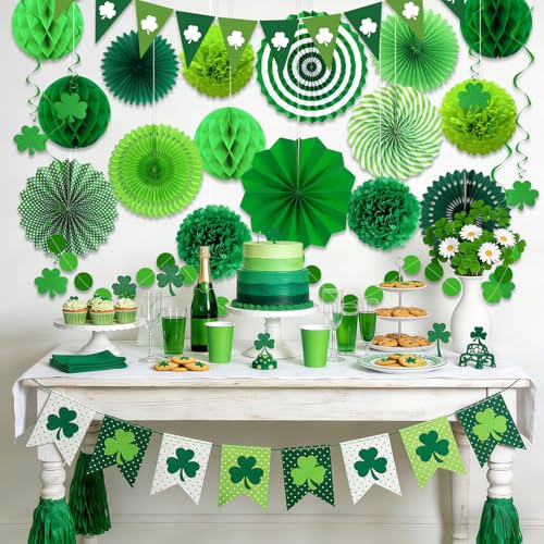 24 Pcs Green Birthday Decorations Kit, Paper Fans Pom Poms Banner 8-16 in - color: Green 2