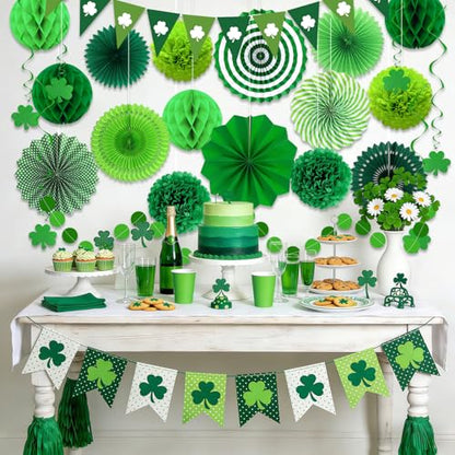 24 Pcs Green Birthday Decorations Kit, Paper Fans Pom Poms Banner 8-16 in - color: Green 2