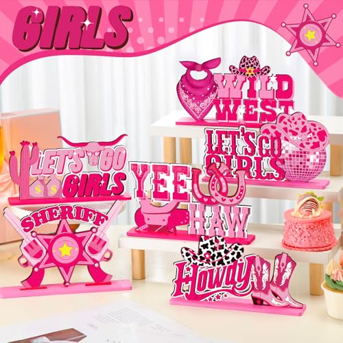 CroBlissful 6 Pcs Western Cowgirl Party Decorations Wooden Let's Go Girls Table Centerpieces Pink Disco Cowgirl Table Decor for Western Girl Birthday Bachelorette Spring Rodeo Party Supplies - style: Cowgirl