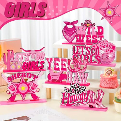 CroBlissful 6 Pcs Western Cowgirl Party Decorations Wooden Let's Go Girls Table Centerpieces Pink Disco Cowgirl Table Decor for Western Girl Birthday Bachelorette Spring Rodeo Party Supplies - style: Cowgirl