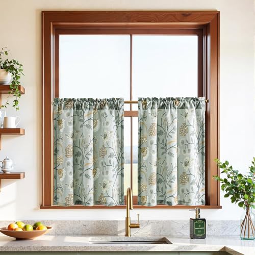 Leeva Floral Kitchen Window Curtains, Farmhouse Style Print Linen Look Cafe Curtains, Grey, 30 x 30 Inch, 2 Panels Set - color: *M11, size: 30"W x 30"L (Pack of 2)