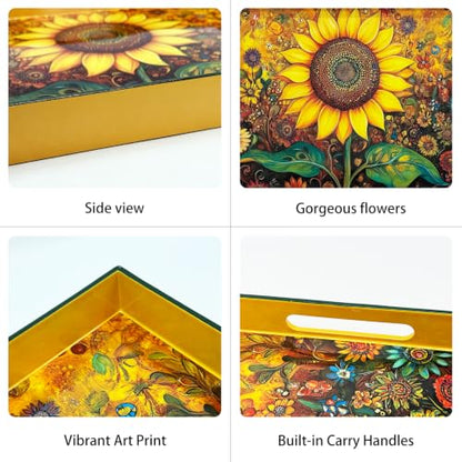 Serving Tray with Handles, 15.7 * 11.8 inches, Plastic Ottoman Tray with Exquisite Paintings, Trays for Coffee Table - color: Golden Sunflower