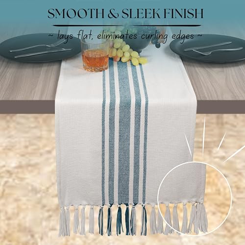 Native Fab Teal Table Runner 72 Inches Long - Boho Stripe Table Covers with Fringes - 100% Cotton, Tight Weave, Non Slip Tablerunner for Dining, Dresser, Wedding, Events - Teal Green (14x72 inches) - color: Green White, size: 14x72