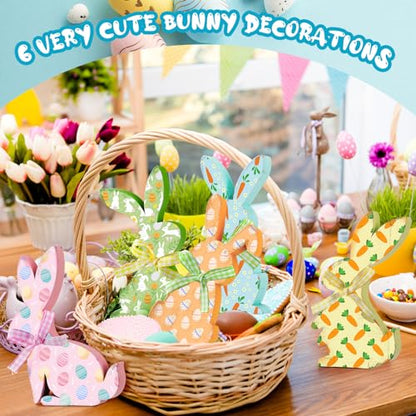 Thinkday 6 Pcs Easter Bunny Wooden Signs Rabbit Spring Table Signs for Home Office Table Wood Bunny Easter Decorations Sign with Ribbons for Tiered Tray Mantel Shelf, Farmhouse Party Supplies