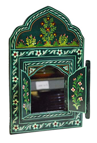Moroccan Wall Mirror with Doors Hand Painted Arabesque Handmade Decor Small Green