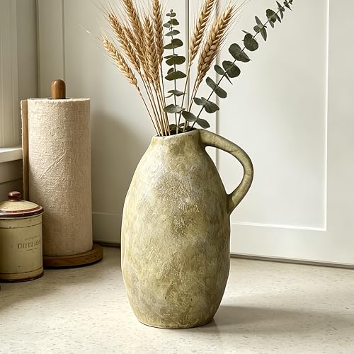 Rustic Ceramic Vase with Handle, 10.3 Inch, Handmade Decor, Beige - color: Beige