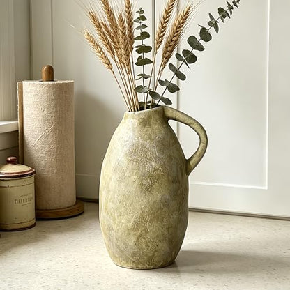 Rustic Ceramic Vase with Handle, 10.3 Inch, Handmade Decor, Beige - color: Beige