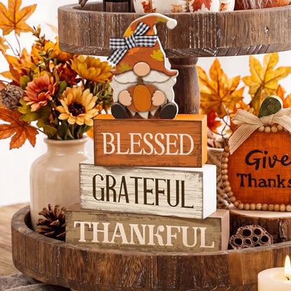 Lineshading 4 Pcs Thanksgiving Table Decor, Blessed Gnome Wooden Block Sign - style: Blessed Gnome