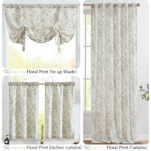 jinchan Green Floral Linen Kitchen Tier Curtains and Valance Set 3 Pieces - color: Alice | Green on Linen, size: 26"W x 24"L (Pack of 3)
