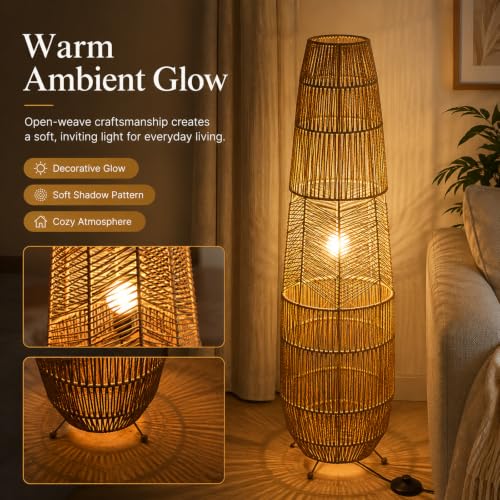 Hand Woven Rattan Floor Lamp,Boho Standing Lamps for Living Room - color: Rope