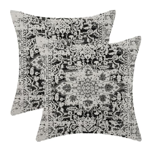 AEIOAE Boho Pillow Covers 16x16 Inch Set of 2,Black Grey Gray Carpet Pattern Throw Pillows Case,Ethnic Design Retro Outdoor Decorative Square Linen Farmhouse Decor Cushion Covers for Home Sofa Couch - color: Black Grey Gray, size: 16" x 16" (Pack of 2)