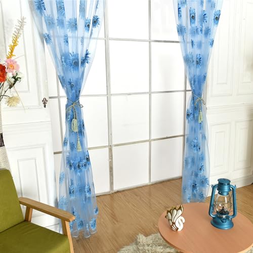 Ufurty 2pcs Sunflower Window Curtain Blue Floral Voile Sheer Curtains - color: Blue Flower, size: 39.4"W x 78.7"L (Pack of 2)