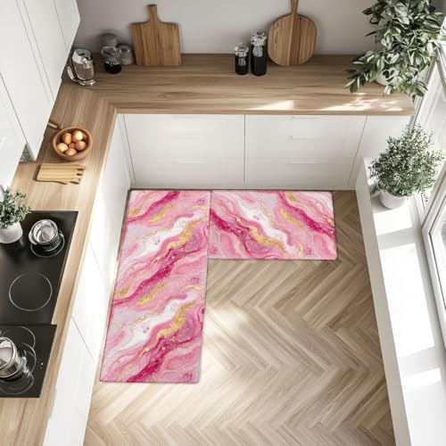Feelyou Pink Marble Kitchen Rugs Modern Marble Aesthetic Kitchen Mats Retro Watercolor Artwork Design Cushioned Anti-Fatigue Thick Duty Ergonomic Comfort Rug 17.32x29.53+17.32x47.24 inch - color: Pink