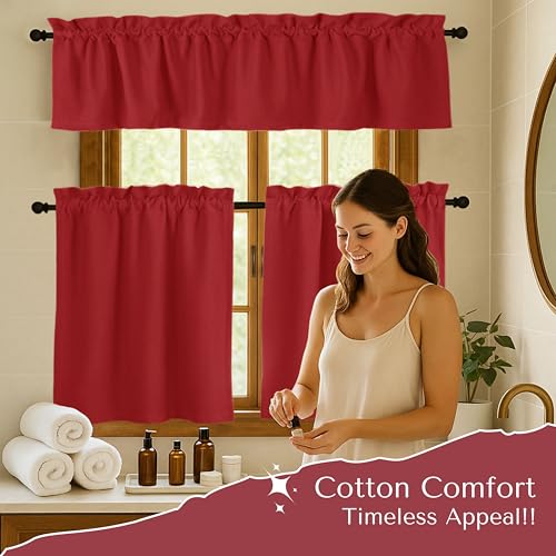 Native Fab 3 Pieces Window Curtain Tiers 26"x36" and Valance 54"x18" Set - Rod Pocket - Semi Sheer - Short Curtain for Kitchen, Bathroom, Living Room - Red - color: Red