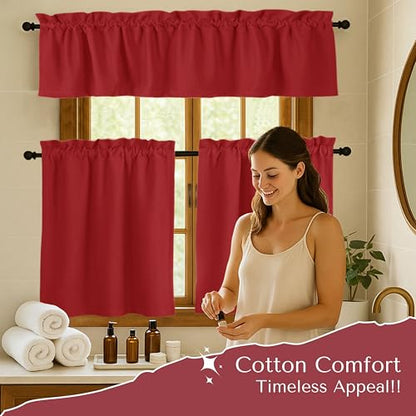 Native Fab 3 Pieces Window Curtain Tiers 26"x36" and Valance 54"x18" Set - Rod Pocket - Semi Sheer - Short Curtain for Kitchen, Bathroom, Living Room - Red - color: Red