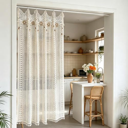 Boho Crochet Lace Sheer Curtains for Living Room Doorway Entryway Window - size: 55"W x 84"L (Pack of 1)