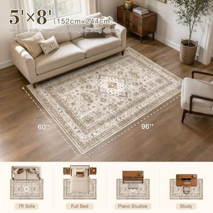 cotiled 5x8 Area Rug for Living Room, Washable, Traditional, Beige - color: Beige, size: 5' x 8' (Rectangular)