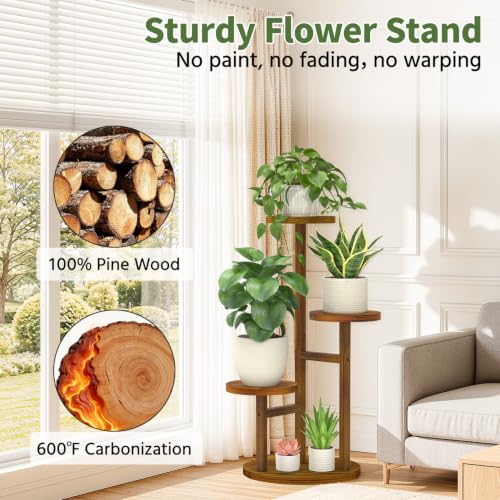 LASZOLA Wood Small Plant Stand Table Indoor Tall with Lights, 3 Tier Brown - color: Brown with Light, size: 3 Tier