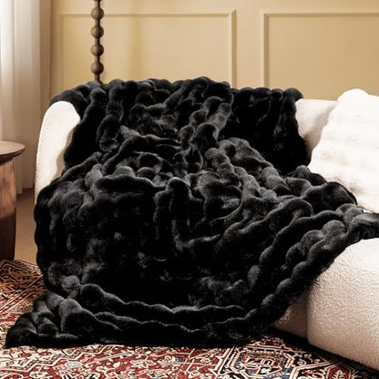 Ultra Soft Cozy Faux Fur Throw Blanket, Fuzzy Plush Thick Bubble Blanket, Luxury Fluffy Blanket for Couch, Sofa, Bedroom, and Living Room, 50x60 Inches, Black - color: Black, size: Throw(50" X 60")