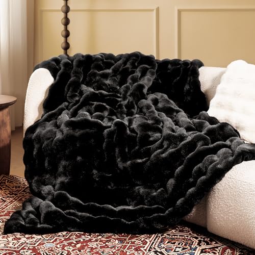 Ultra Soft Cozy Faux Fur Throw Blanket, Fuzzy Plush Thick Bubble Blanket, Luxury Fluffy Blanket for Couch, Sofa, Bedroom, and Living Room, 50x60 Inches, Black - color: Black, size: Throw(50" X 60")