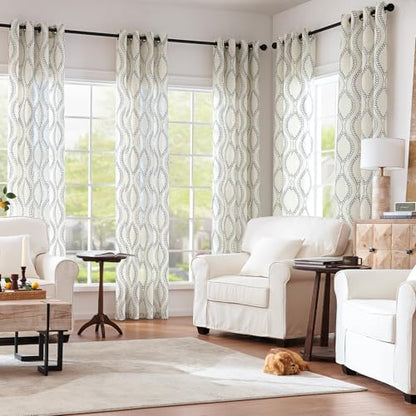 jinchan Boho Linen Curtains 63 Inch Blue on Beige Grommet 2 Panels - color: Vine Blue, size: 50"W x 63"L (Pack of 2)