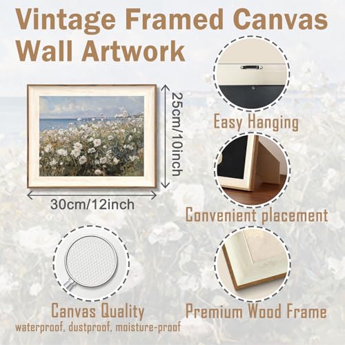 ASTRDECOR Framed Canvas Wall Art Room Decor, Vintage Landscape Wall Art for Home Decor Aesthetic Artwork, Coastal Scenery Nature Rustic Farmhouse Wall Decor for Living Room, White Wildflowers Oil Painting Pictures Bathroom Wall Decor- 10''x12'' - color: W
