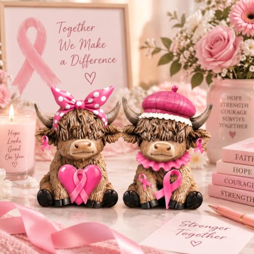 Karenhi 2 Pcs Breast Cancer Awareness Highland Cow Figurines, Pink Ribbon - style: Breast Cancer