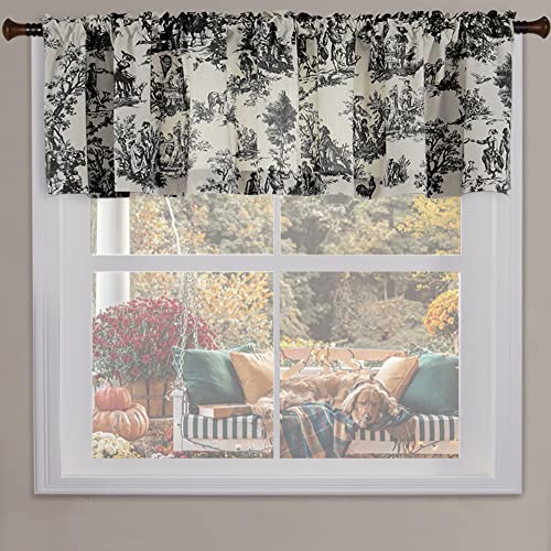 Black and White Farmhouse Kitchen Valances for Windows,Toile Country Decor Print Sheer Rustic Theme Pattern Design Rod Pocket Cream Cotton Valance Curtains for Living Room Bathroom Set,18 Inch Length - color: Grey Black