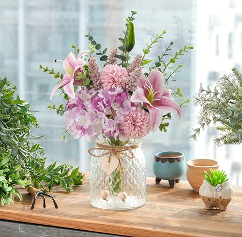 Artificial Silk Flowers with Vase, Fake Pink Lily, Hydrangea and Dandelion - color: Purple & Pink