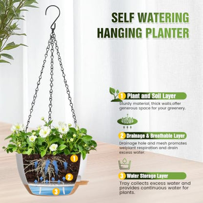 8 Inch Self Watering Hanging Planters Set of 3 with Saucers - color: White Brown, size: 8 Inch 3 Pack