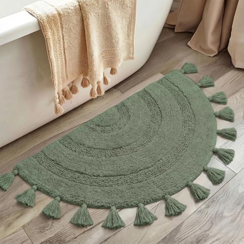KOEXM Half Circle Boho Bathroom Rugs with Tassels 100% Cotton - color: Sage Green, size: 1'10" x 3'1" (Semicircular)