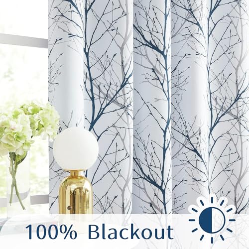 FMFUNCTEX 100% Blackout Blue Grey Tree Branch Curtains 108 Inch 2 Panels - color: Grommet | Blue, size: 52"W x 108"L (Pack of 2)