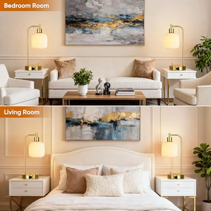 Cream Glass Table Lamps Set of 2, Dimmable Bedside Lamps for Living Room - color: ‎Gold&‎Cream