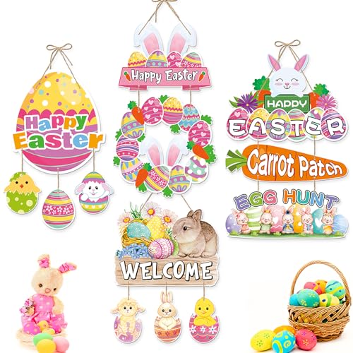 Easter Egg-Bunny Home Front-Door Hanger-Decor - 4pcs Pastel Rainbow Birthday Paper Signs Banners, Happy Easter Spring Wall Hanging Indoor Decorations Lasting Surprise - color: Easter Door Hanger - 2pcs