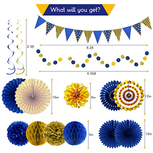 24 Pcs Blue Gold Party Decorations, Paper Fans Pom Poms Banner - color: Blue