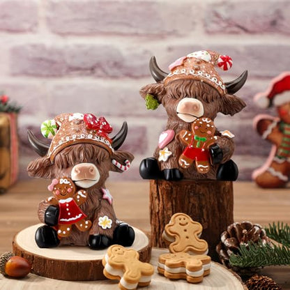 Karenhi 2 Pcs Highland Cow Figurines Resin, Gingerbread Christmas Decor - style: Gingerbread Man