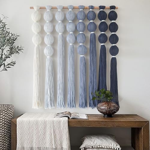 Macrame Wall Hanging Dip Dyed Blue Yarn Wall Art Tassel Decor 27" W*31" L - color: Blue