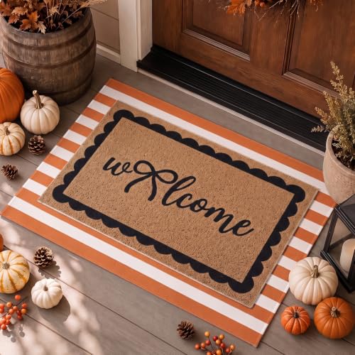 Tinideya 2 Pcs Fall Front Door Mat Orange Stripe Outdoor Doormat Set - color: Orange