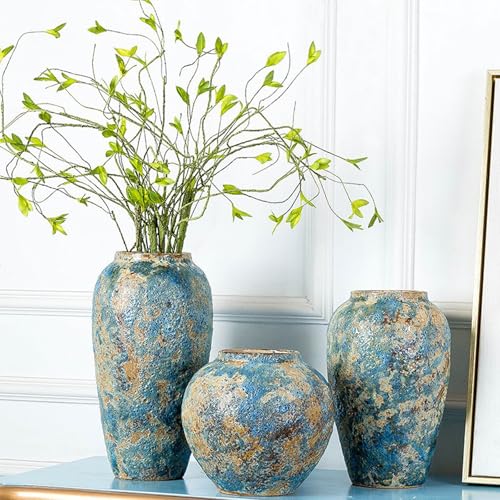 Rustic Ceramic Flower Vase,11.8in Large Chinese Style Vase,Blue - color: Blue B