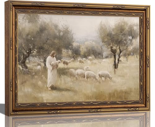 Kouserlin Jesus and Lamb Framed Wall Art Good Shepherd Wall Decor 12×16In - color: 【Jesus and Sheep】, size: 11''L×9''W