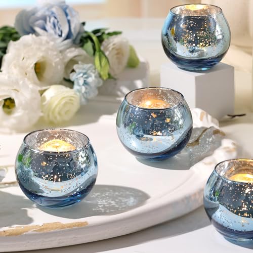 Volens Round Blue Votive Candle Holder Set of 12, Mercury Glass Votives - color: Blue, size: 12 PACK