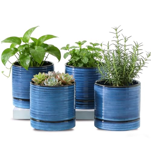 HASENSE Ceramic Indoor Plant Pots, 4.6 Inch Small Flower Planters with Drainage Hole and Saucer, Vintage Reactive Glaze Blue Pots for Succulents, Cactus, Herbs, Home Decor, Set of 4 - color: Blue, size: 4.6 Inch (Standard, 4 pcs)