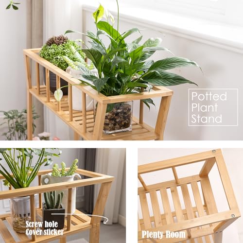 Nnewvante Bamboo Plant Stand Indoor 37.4"x11" 2 Tier Tall Organizer Shelf