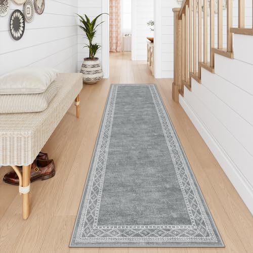 Lahome Modern Bordered Washable Runners for Hallways, 2.5x8 Kitchen Runner Rug Non Slip, Ultra-Thin Soft Hallway Rug for Bedroom Entryway Bathroom Laundry (2.5'x8',Grey) - color: Light Grey, size: 2' x 8'