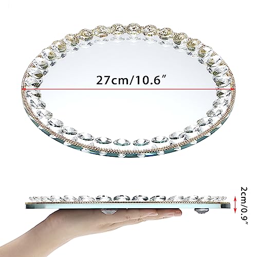 Hipiwe Mirror Glass Vanity Tray Sparkling Crystal Perfume Tray Round Decorative Tray Gorgeous Makeup Organizer Tray Jewelry Trinket Tray for Bathroom Dresser Table, 10.6 inch