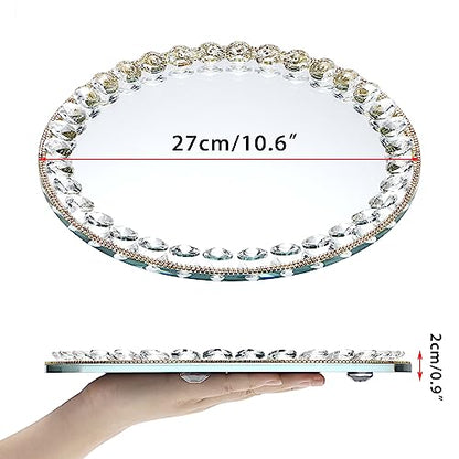 Hipiwe Mirror Glass Vanity Tray Sparkling Crystal Perfume Tray Round Decorative Tray Gorgeous Makeup Organizer Tray Jewelry Trinket Tray for Bathroom Dresser Table, 10.6 inch
